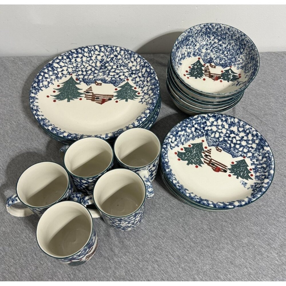 Tienshan Folk Craft Cabin Snow Blue Speckle Dinnerware Set Plates Bowls Mugs